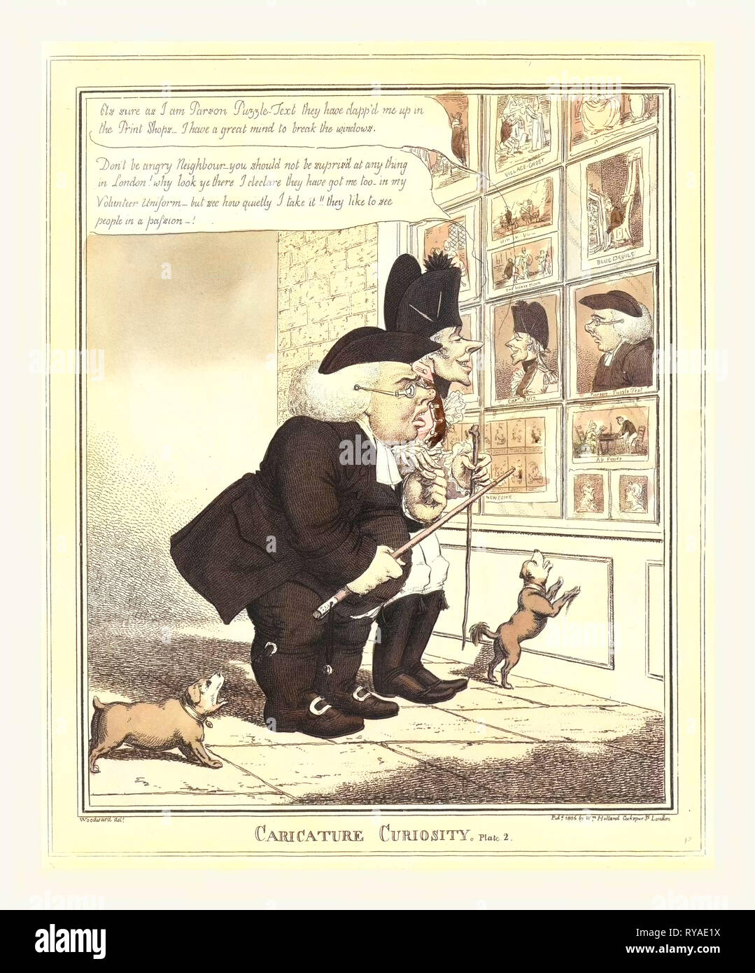 La curiosité, la caricature Caricature d'un ecclésiastique de porc et d'un officier volontaire Skinny de caricatures d'eux-mêmes dans ce qui est probablement l'imprimerie de William Holland Fenêtre. Puzzletest Lac-parson est furieux, mais son compagnon, le capitaine Ruiz, réagit avec humour Banque D'Images