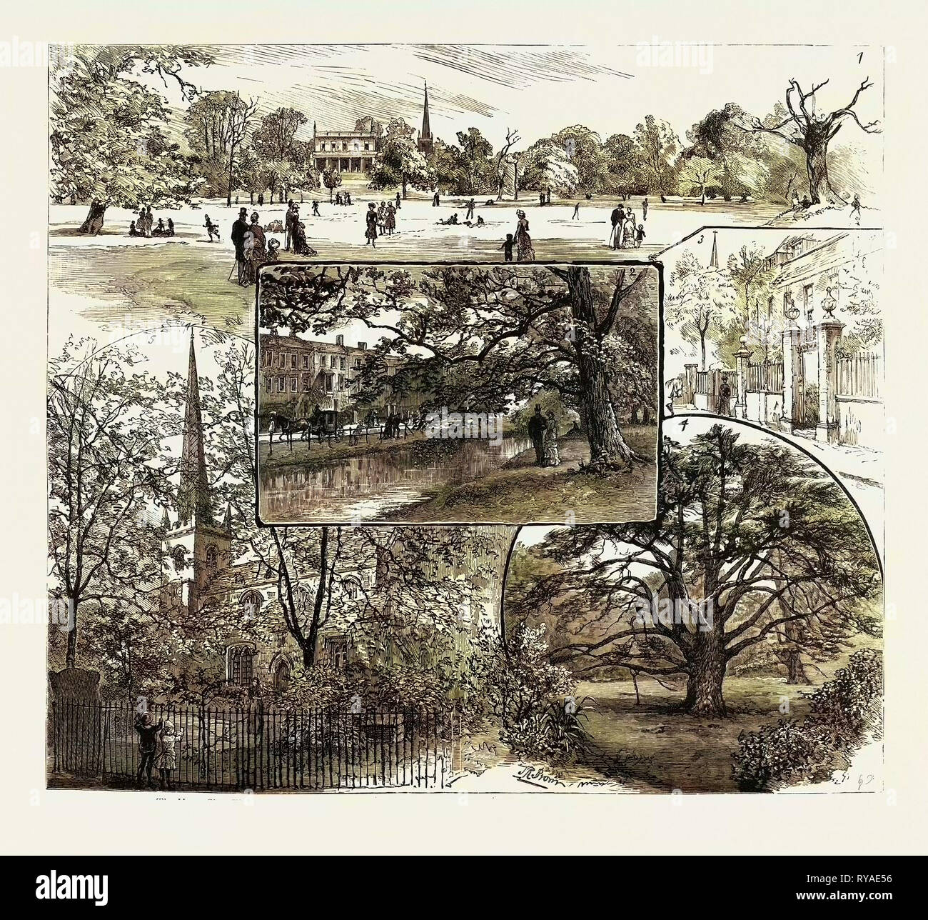 Espaces de respiration pour Londres, Clissold Park, Stoke Newington, ouvert au public le dimanche : 1. Le champ Horse-Shoe. 2. Paradise Row et la New River. 3. Dans la rue de l'Église. 4. Ancien arbre d'if dans le jardin. 5. L'ancienne église. UK Banque D'Images