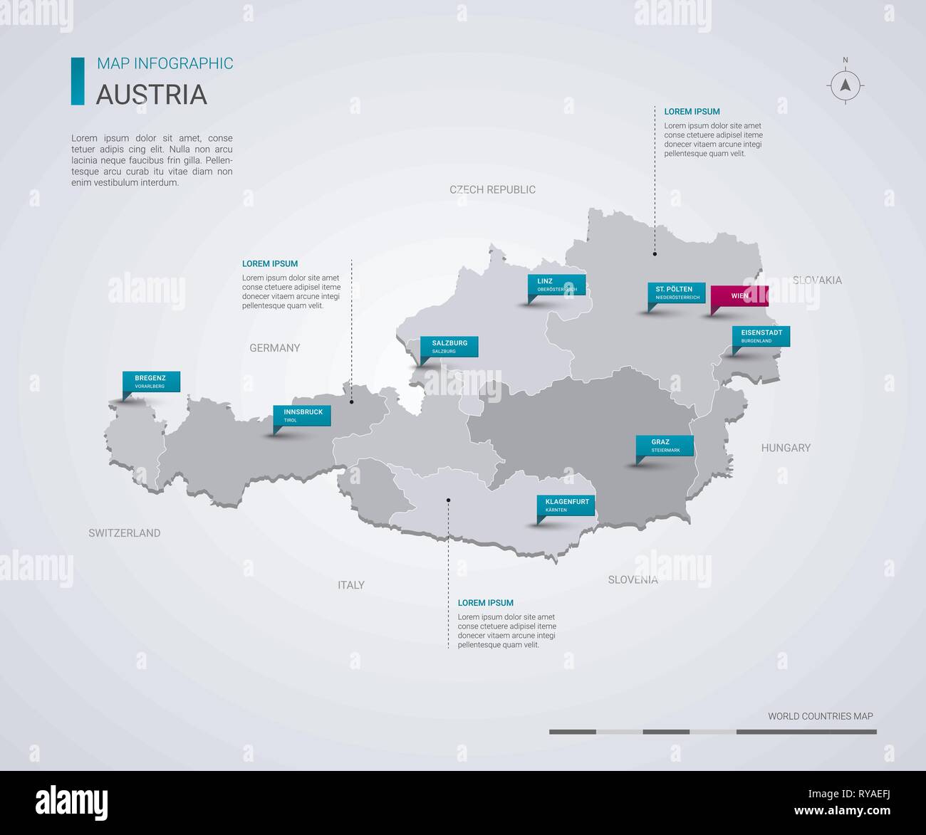Autriche carte vectorielle avec éléments infographique, pointeur marques. Modèle modifiable avec les régions, les villes et capital vienne. Illustration de Vecteur