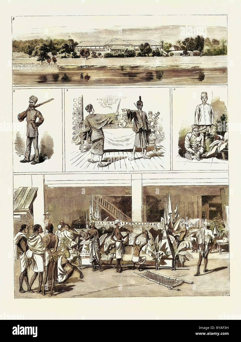 Le tour du monde à voile en la 'Ceylan, Singapour' : 1. 'L'Estana' du Maharadjah de Johore, 2. Body-Guard du Maharadjah de Johore, 3. Acteurs malais, 4. Butler et accompagnateur, 5. Un Kling funéraire : la préparation de la Bier Banque D'Images