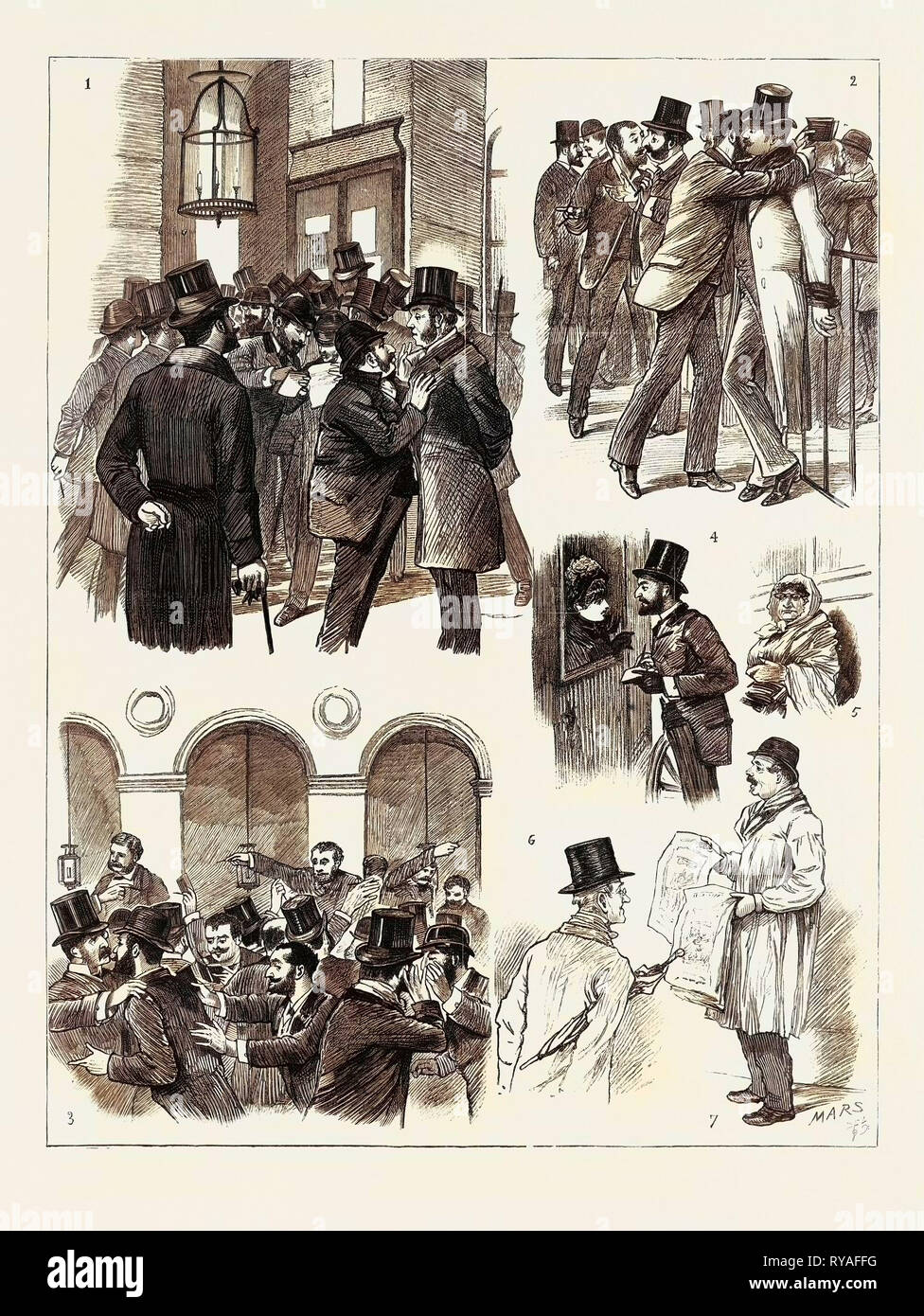 La crise financière en France, à la Bourse de Paris : 1. Arrivée des premiers prix pour consoles anglais de la London Stock Exchange, 2. Les courtiers dans le cercle intérieur : 'une communication confidentielle.', 3. Les acheteurs pour les prêts d'argent, 4. Une dame spéculateur, 5. Un Boursicotiere «.', 6. Un spéculateur du pays, 7. Le vendeur de journaux, le spéculateur qui ne court aucun risque Banque D'Images