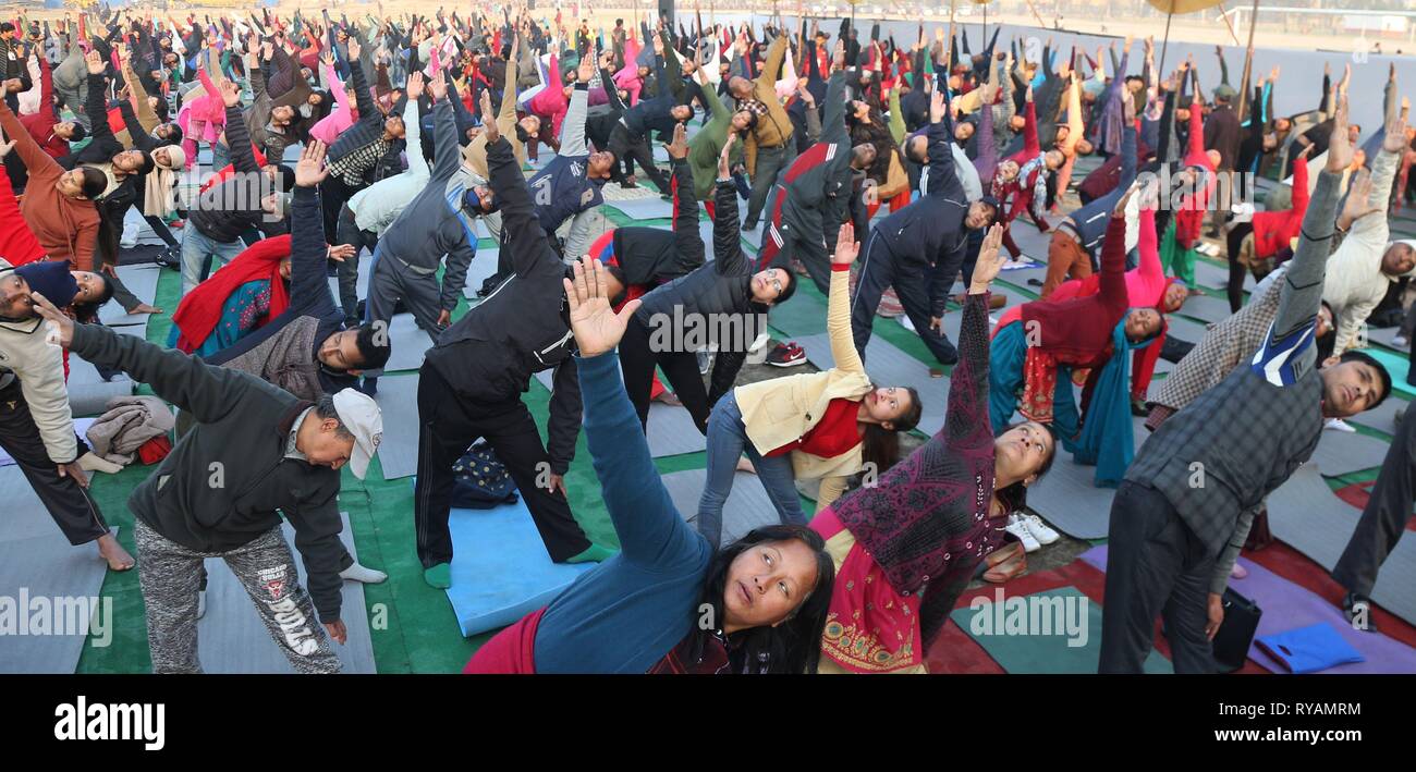 Katmandou, Népal. Mar 13, 2019. La pratique du peuple népalais étapes yoga tôt le matin à Tundikhel à Katmandou, Népal, 13 mars 2019. Le Yoga est de plus en plus populaires au Népal comme les gens le considèrent comme non seulement un exercice physique, mais aussi comme une discipline spirituelle et mentale. Credit : Sunil Sharma/Xinhua/Alamy Live News Banque D'Images