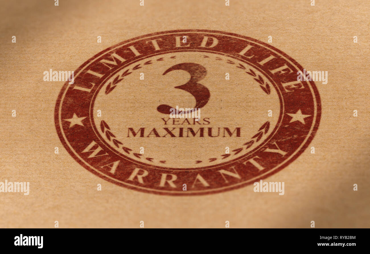 Marque de tampon en caoutchouc sur le papier de fond avec le texte suivant, 3 ans garantie à vie limitée au maximum. Obsolescence programmée concept, produit avec sho Banque D'Images