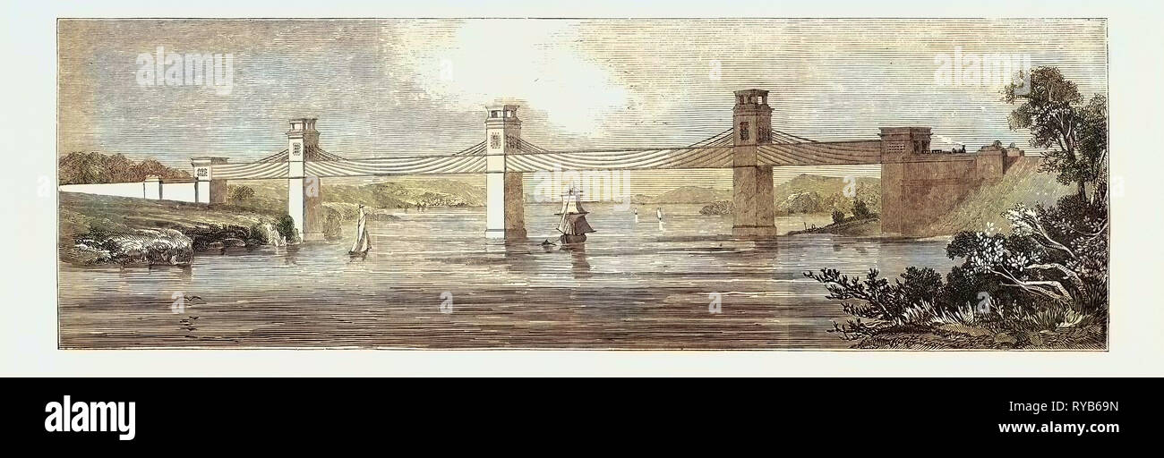 Stephenson a Tunnel fer pont de chemin de fer, Britannia, sur le détroit de Menai, 1846 Banque D'Images