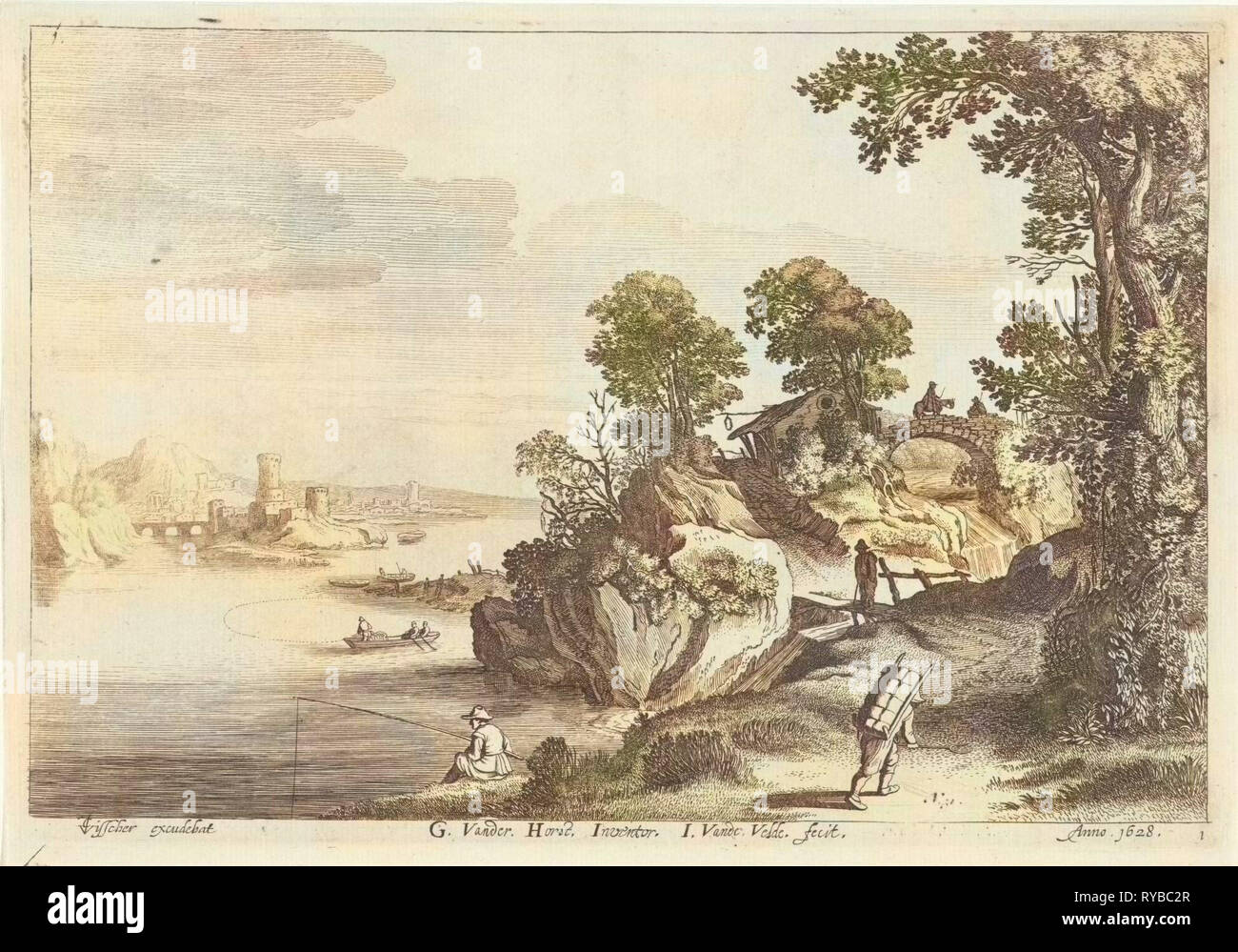 Paysage de rivière avec des voyageurs sur les routes de campagne, sur un pont de pierre sur une chute d'un cavalier en conversation avec un autre chiffre, sur les rives de la rivière un pêcheur, imprimer bouilloire : Jan van de Velde (II) (mentionné sur l'objet), datant de 1628 et/ou 1728 - 1761 Banque D'Images