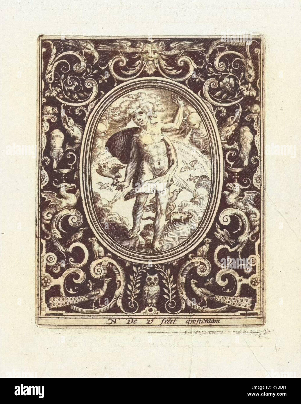 L'élément de l'air comme un jeune homme debout sur les nuages avec owl sur sa main et les oiseaux volant derrière lui, dans les quatre directions du vent souffler les vents, imprimer bouilloire : Nicolaes de Bruyn (mentionné sur l'objet), datant de 1656 - 1581 Banque D'Images