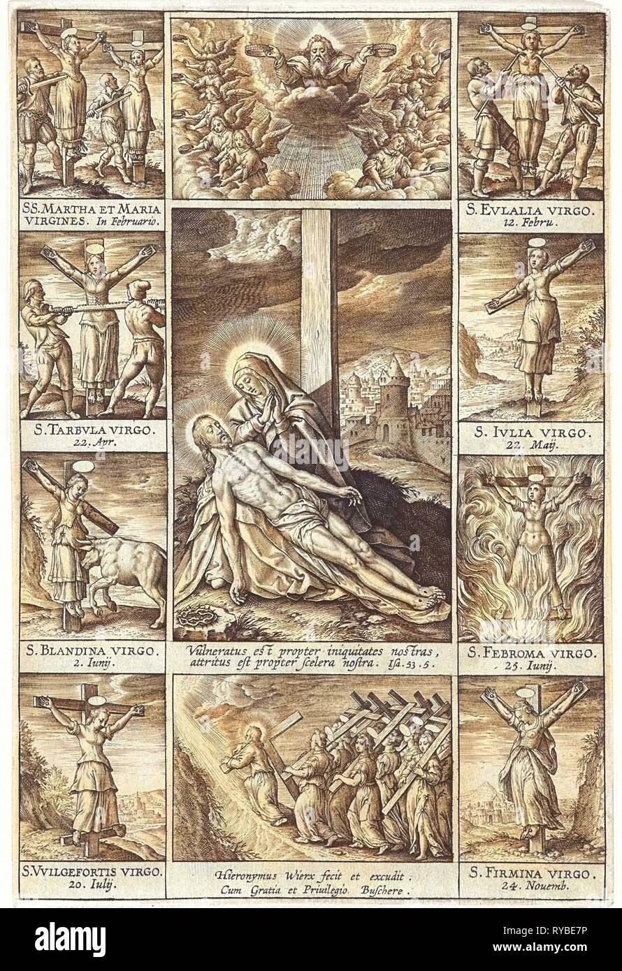 Pieta entouré par des scènes de martyrs crucifiés, Hieronymus Wierix, 1597 - 1619 Banque D'Images Pieta entouré par des scènes de martyrs crucifiés, Hieronymus Wierix, 1597 - 1619 Banque D'Images