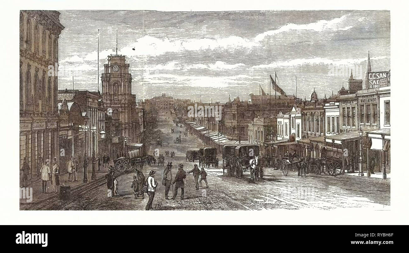 Melbourne l'heure actuelle Voir Grand Bourke Street, l'Australie, gravure 1880 Banque D'Images