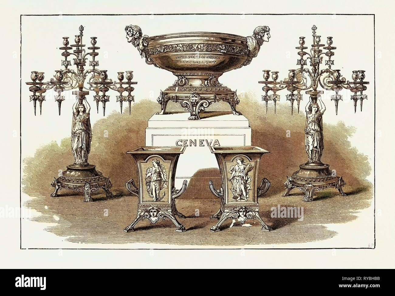 Service de la plaque présentée par le gouvernement des États-Unis à chacun des arbitres, gravure 1890 Genève Banque D'Images