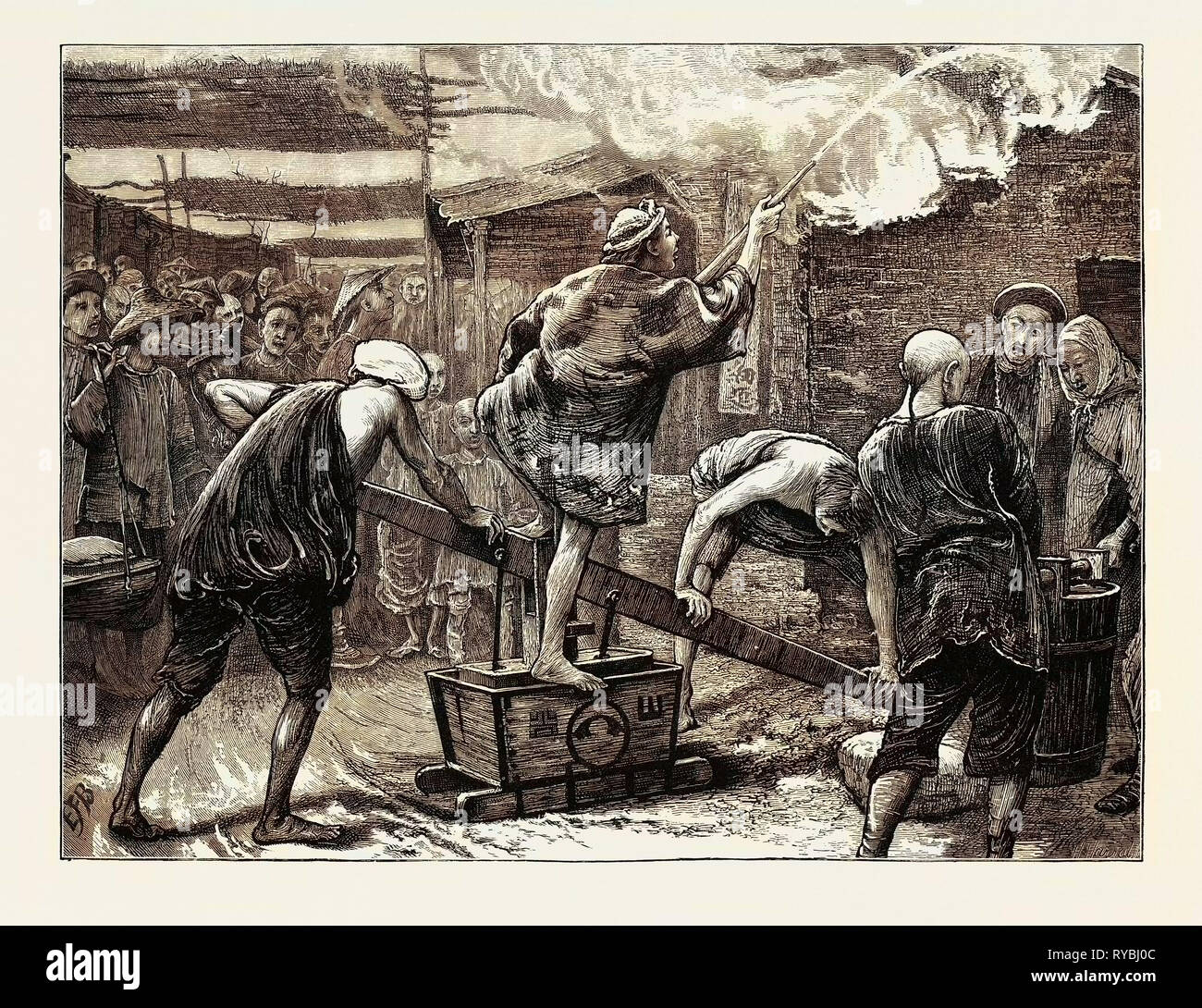 Un incendie au Japon : les pompiers et les moteurs au travail Banque D'Images