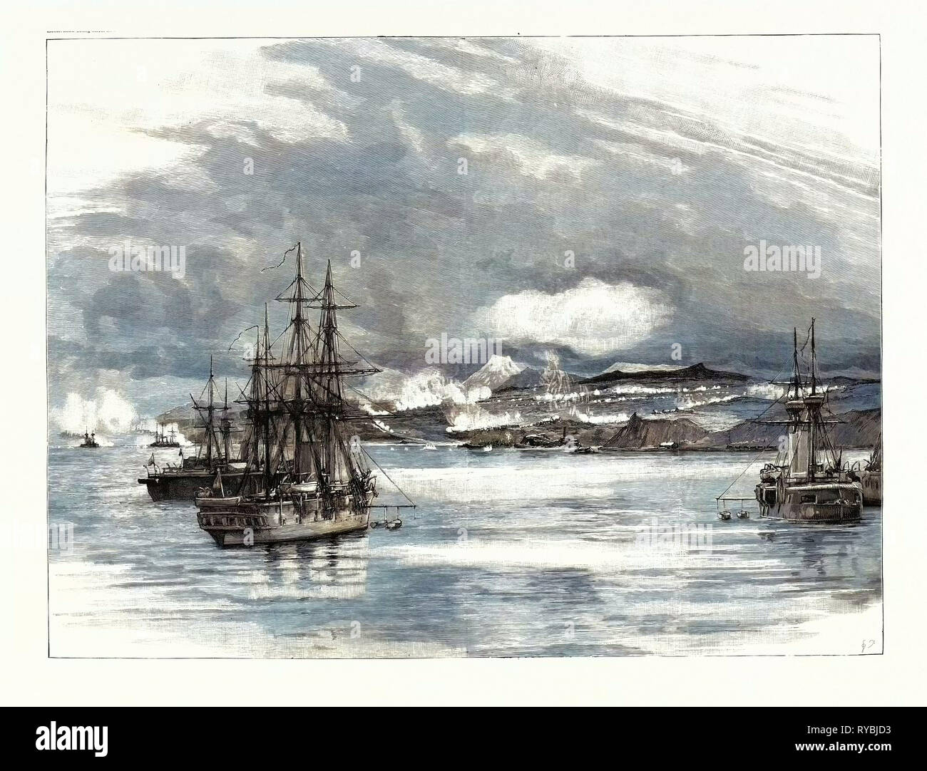 La guerre civile au Chili, la bataille de Vina del Mar, cet engagement général a eu lieu le 23 août 1891, entre l'Devisions de Balmaceda et les troupes du Congrès, à l'Esmeralda et l'Almirante Cochrane aider ce dernier en tirant fort à Callao, et en essayant de réduire au silence les batteries de campagne à l'arrière. Les troupes du Congrès n'a pas réussi à capturer Vina del Mar, mais finit par couper la ligne de chemin de fer quelques milles en dehors, et a traversé sur l'arrière de Valparaiso Banque D'Images