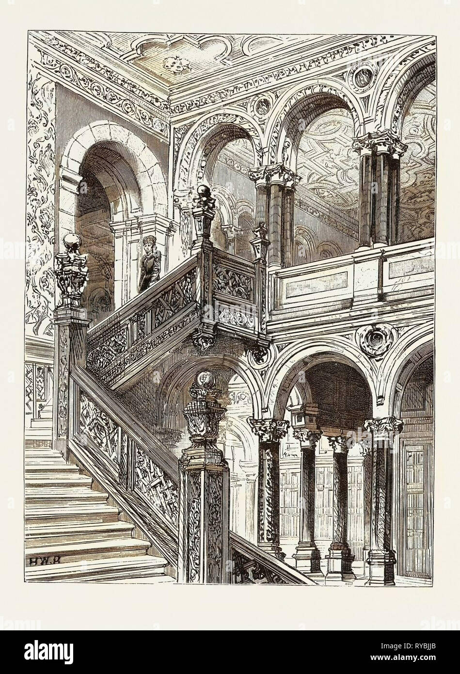 La visite de lord Salisbury à Birmingham, Grange Hewell, le siège de Lord Windsor, où le premier ministre est d'un Séjour : le grand escalier Banque D'Images