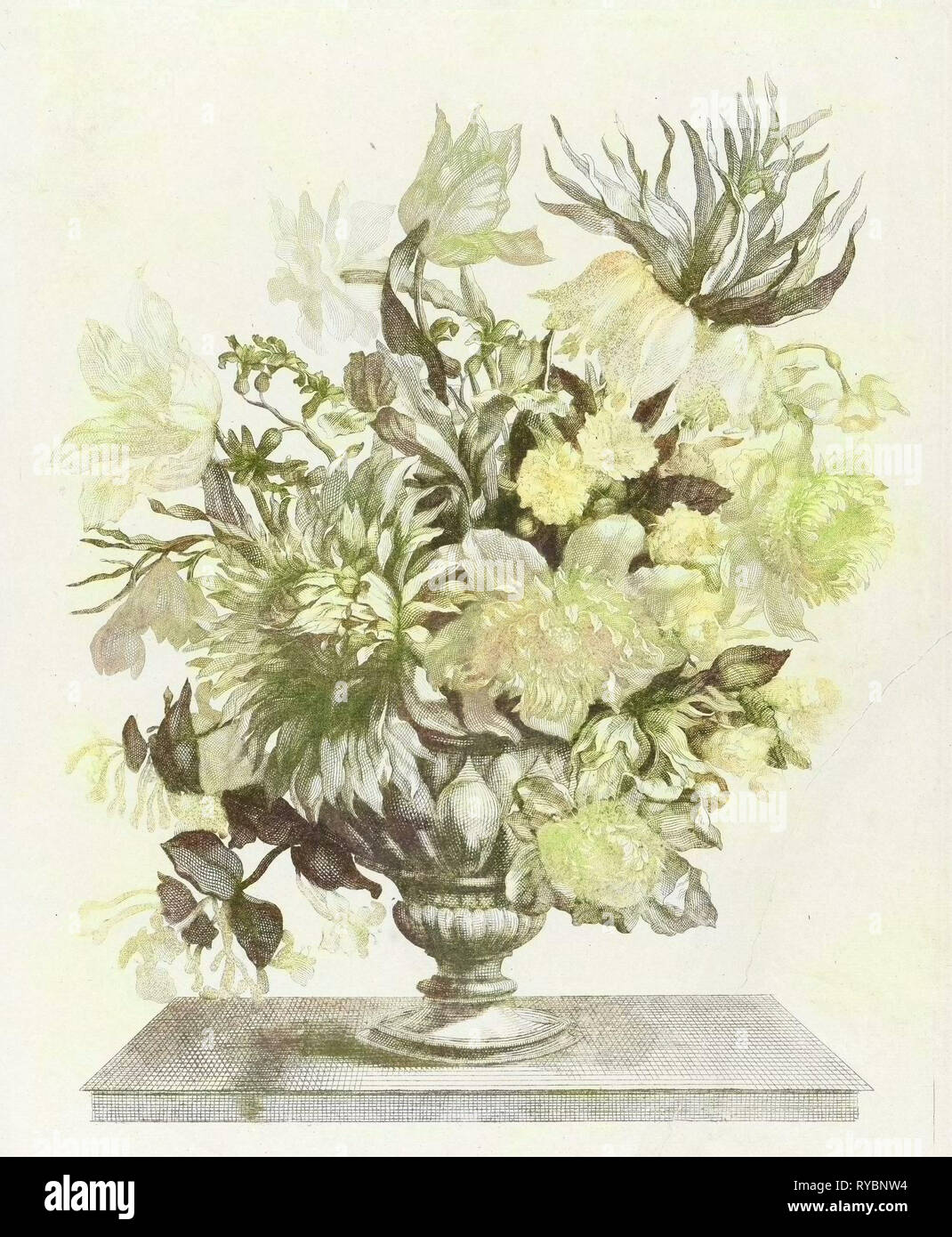 Vase en pierre avec des fleurs sur un plateau, anonyme, Jean Baptiste Monnoyer, Johan Teyler, 1688 - 1698 Banque D'Images