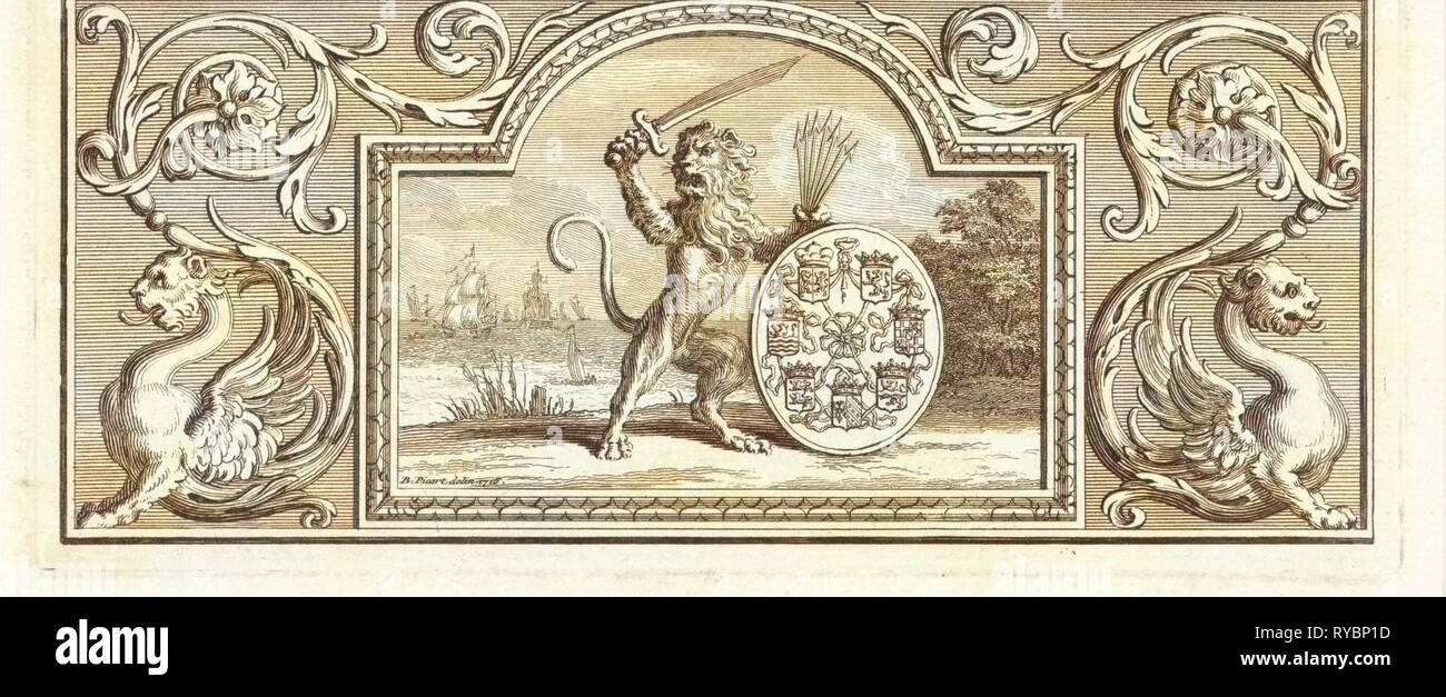 La Dutch lion tenant une épée et carquois de flèches près d'un bouclier portant les armoiries des sept provinces, imprimer bouilloire : Bernard Picart (atelier de), datant 1716 Banque D'Images