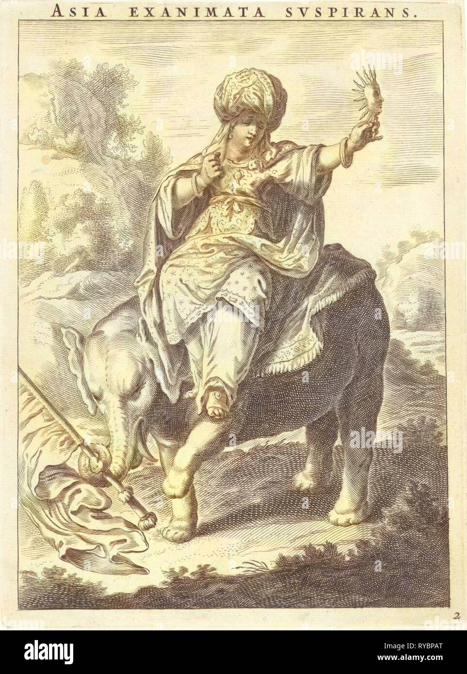 Personnification féminine de l'Asie représentée comme une femme avec turban assis sur un éléphant, Cornelis Van Dalen (II), 1648-1664 Banque D'Images