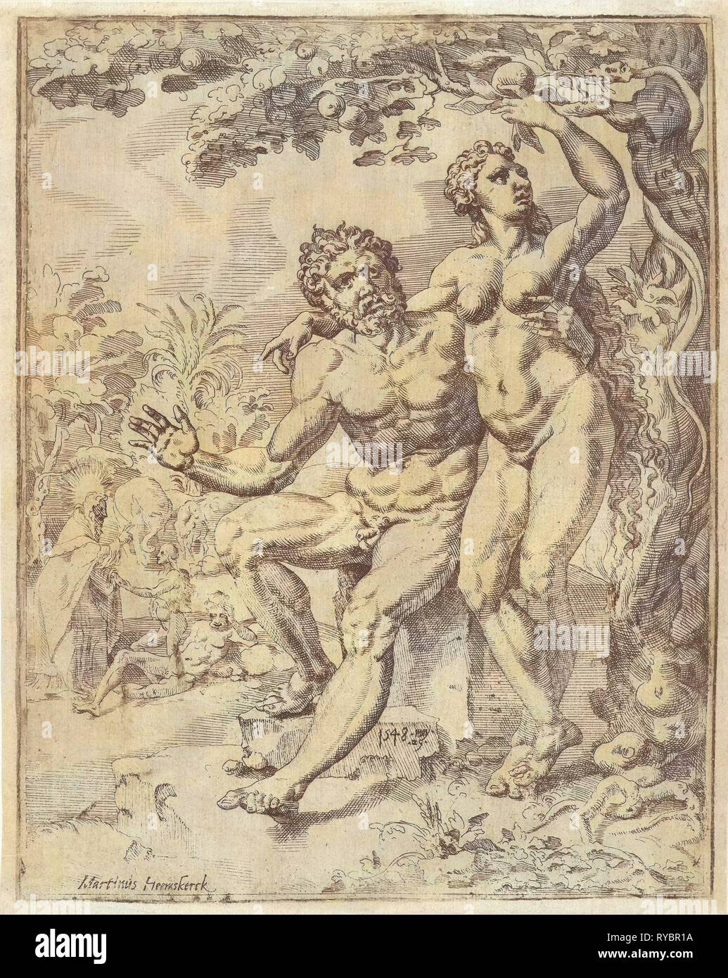 Adam et Eve choisir le fruit interdit, possible de Dirck Volckertsz Coornhert, 1548 Banque D'Images