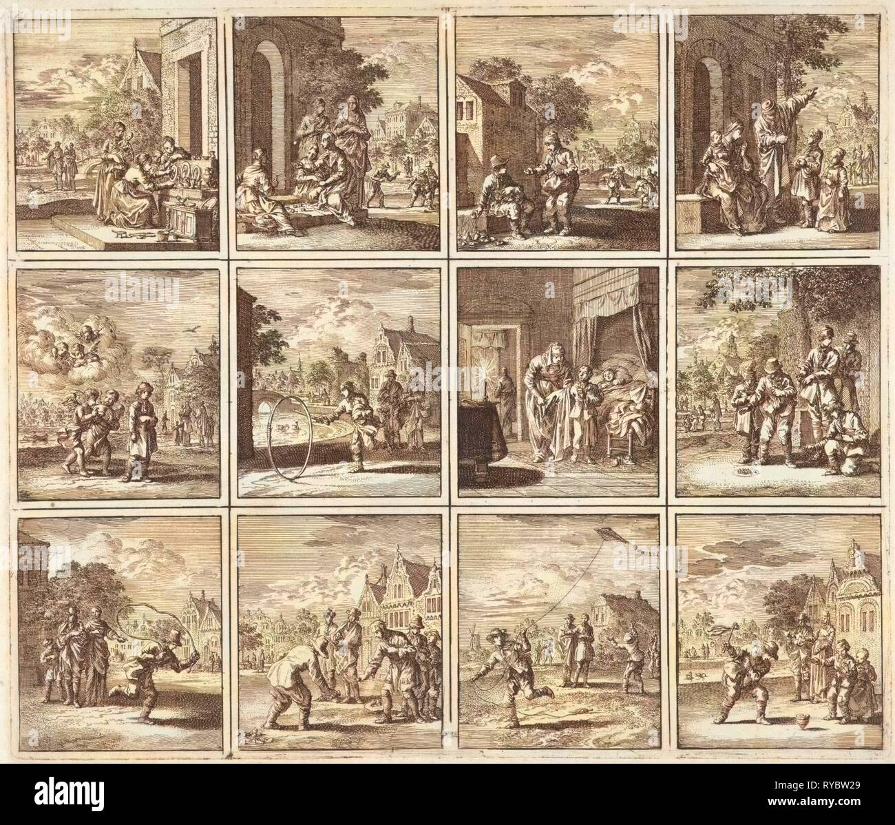 Douze photos de 'Des menschen commencent, midden en einde', Jan Luyken, mer. Pieter Arentsz (II), Cornelis van der Sys, 1712 Banque D'Images