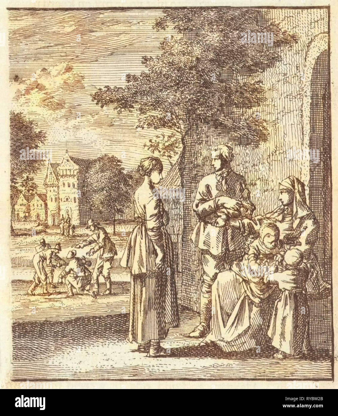 Fille adultes visites sa mère et ses sœurs, Jan Luyken, mer. Pieter Arentsz II, Cornelis van der Sys, 1712 Banque D'Images