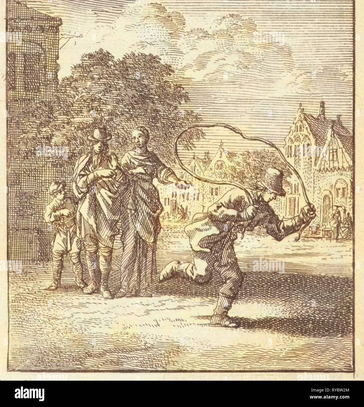 Garçon avec un saut à la corde, Jan Luyken, mer. Pieter Arentsz (II), Cornelis van der Sys, 1712 Banque D'Images