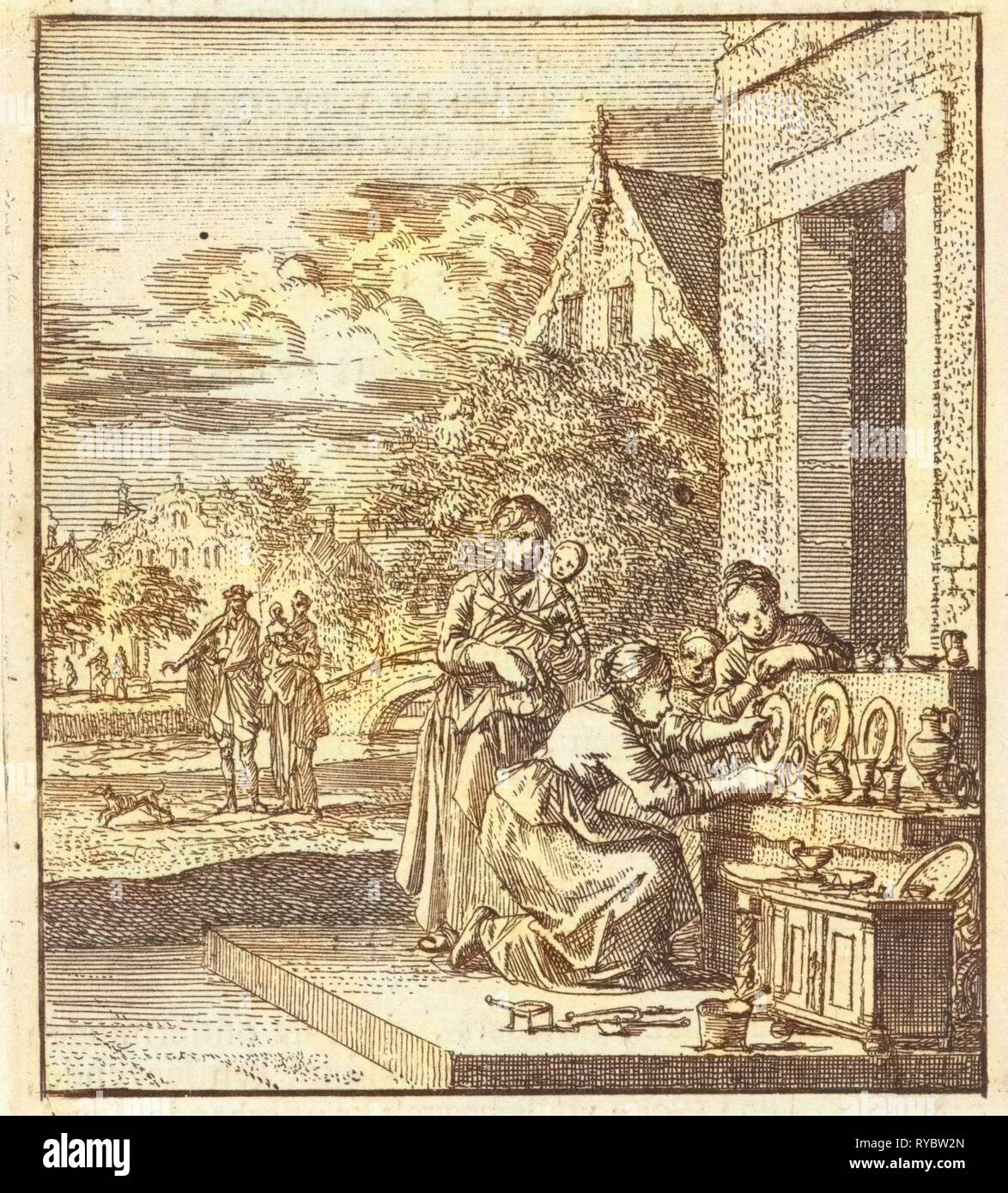 La pièce des filles Poupées et accessoires de table sur le trottoir, Jan Luyken, mer. Pieter Arentsz II, Cornelis van der Sys, 1712 Banque D'Images