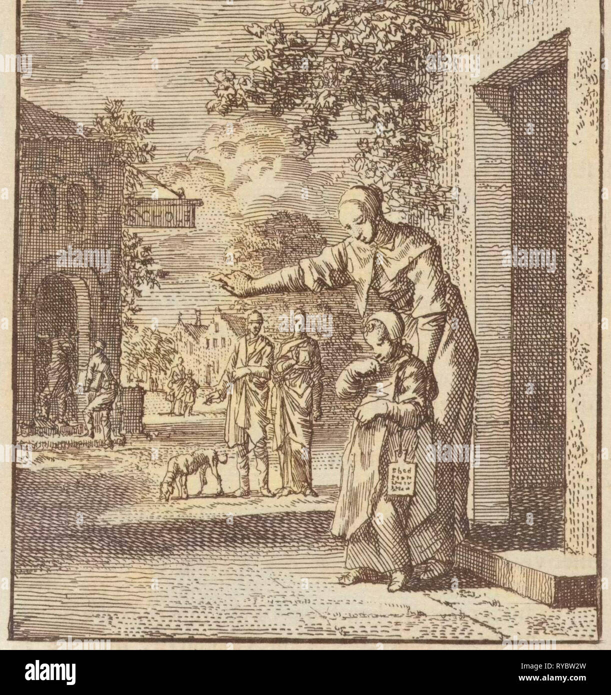 Points mère son enfant à une école, Jan Luyken, mer. Pieter Arentsz II, Cornelis van der Sys, 1712 Banque D'Images