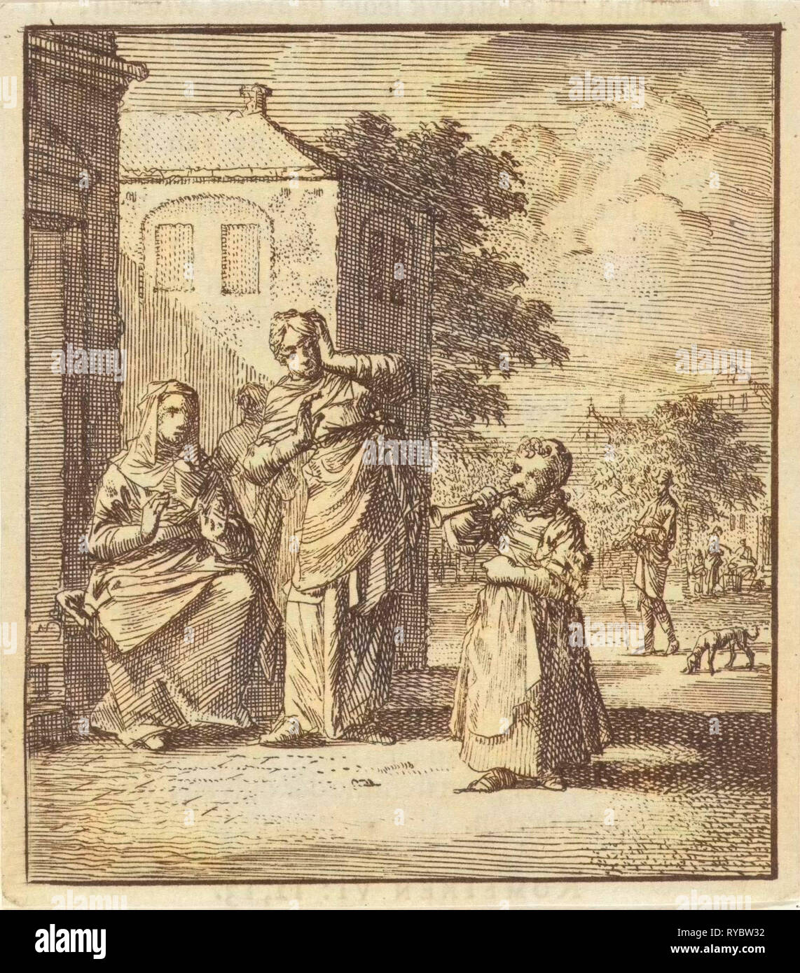 Enfant qui souffle dans un sifflet, Jan Luyken, mer. Pieter Arentsz (II), Cornelis van der Sys, 1712 Banque D'Images
