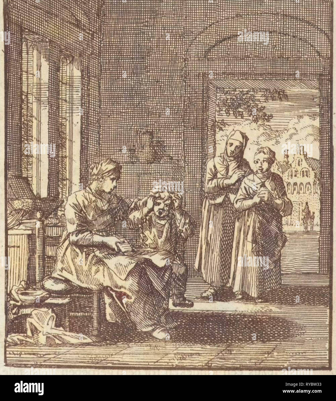 Mère peignant les cheveux de son enfant, Jan Luyken, mer. Pieter Arentsz II, Cornelis van der Sys, 1712 Banque D'Images