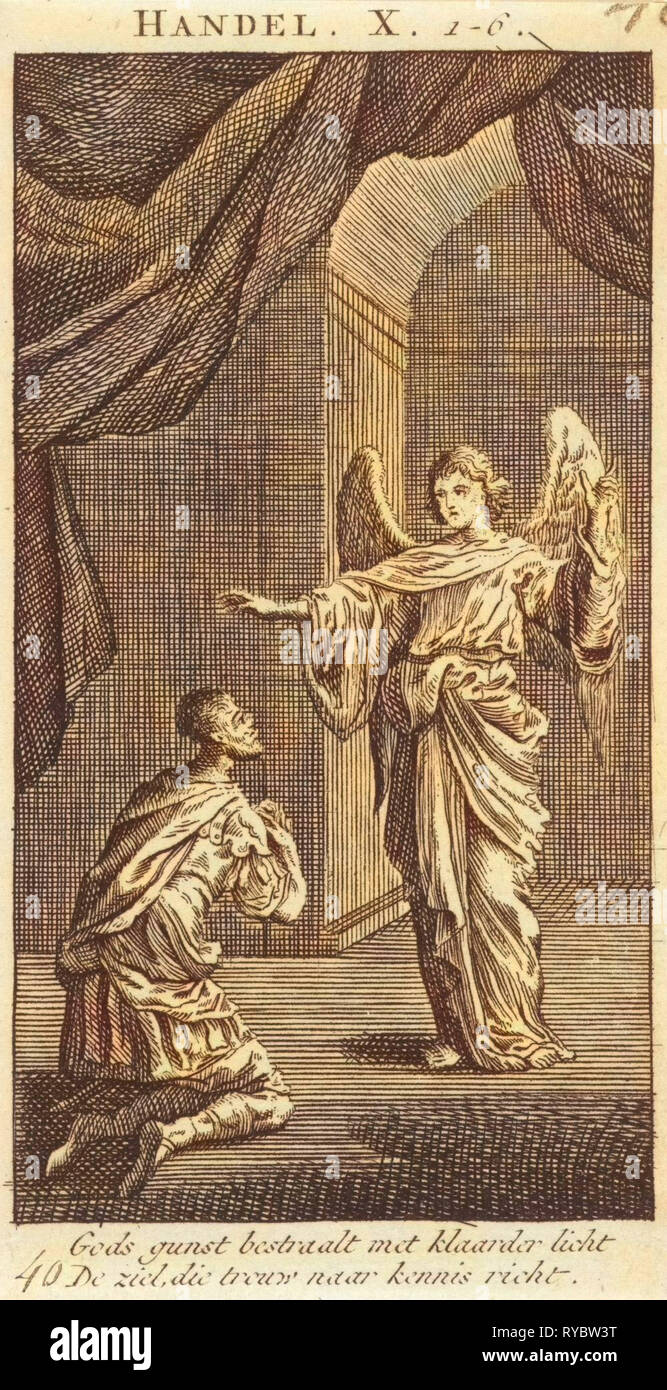Cornelius s'agenouille devant l'ange envoyé à lui, Jan Luyken, Anonyme, 1712 Banque D'Images