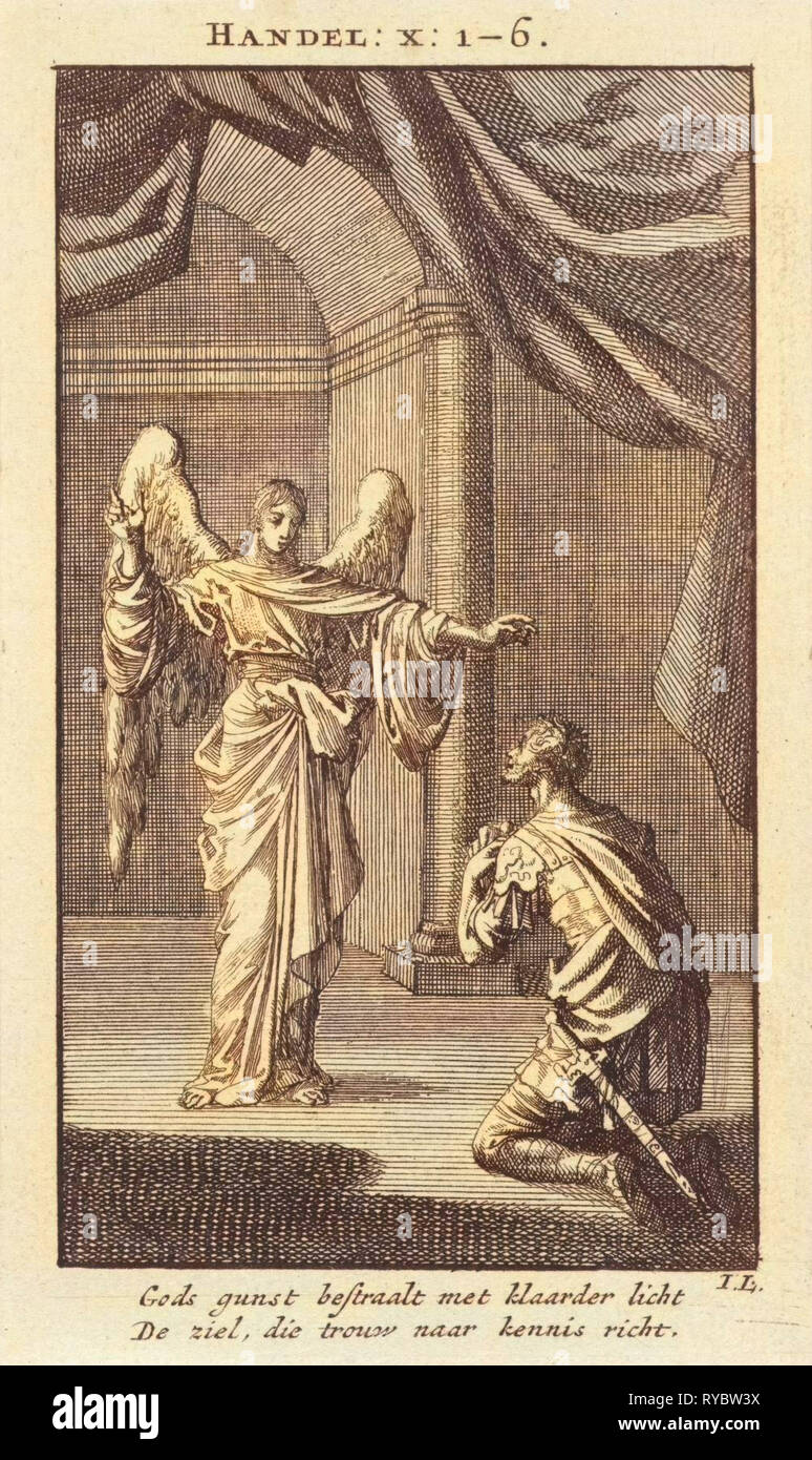 Cornelius s'agenouille devant l'ange envoyé à lui, Jan Luyken, mer. Arentsz & Pieter Cornelis van der Sys II, 1712 Banque D'Images