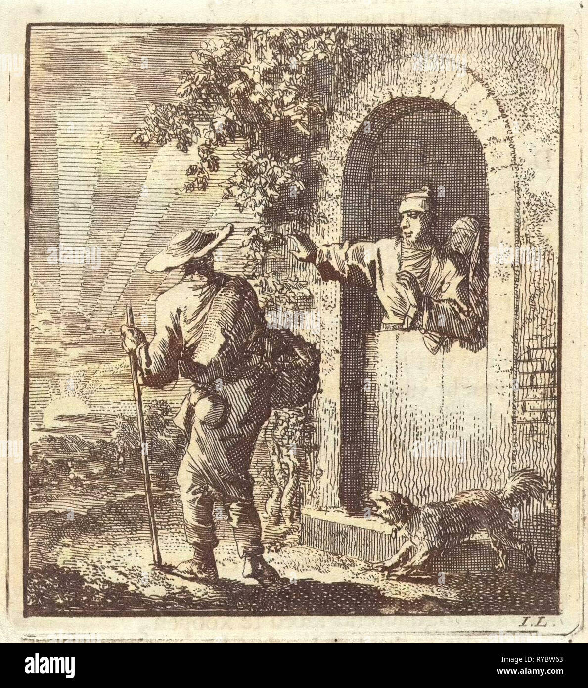 Les hommes d'une porte aux gestes un voyageur fatigué pour continuer, Jan Luyken, mer. Arentsz & Pieter Cornelis van der Sys (II), 1711 Banque D'Images