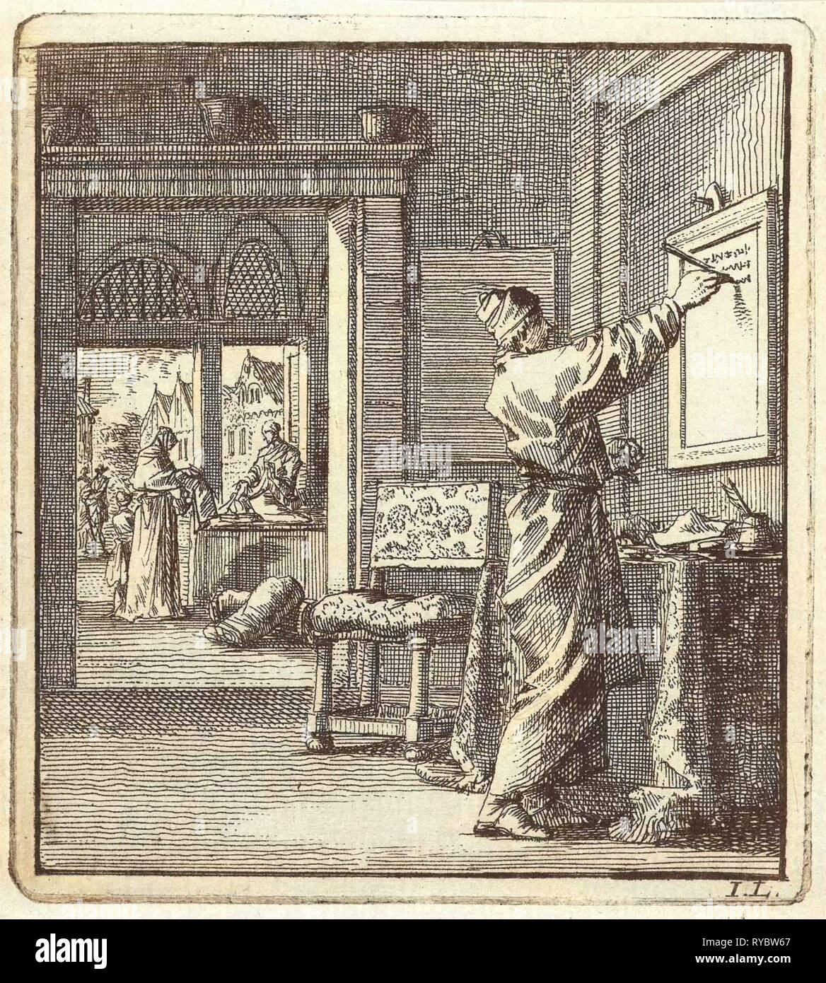 L'homme écrit de droite à gauche sur un mur d'ardoise, Jan Luyken, mer. Arentsz & Pieter Cornelis van der Sys (II), 1711 Banque D'Images