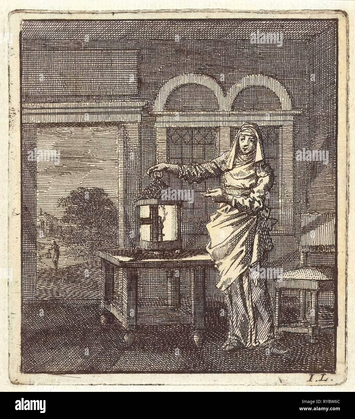 Femme met une lanterne sur une table, Jan Luyken, mer. Arentsz & Pieter Cornelis van der Sys (II), 1711 Banque D'Images