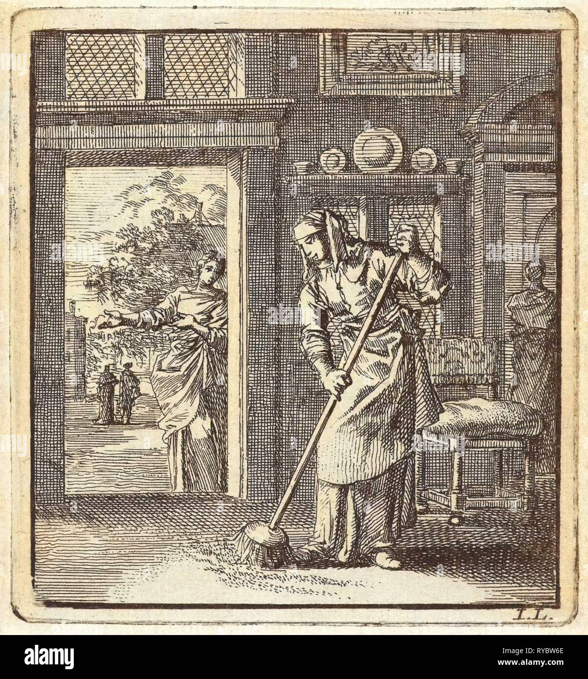 Femme balaie l'étage d'une maison, Jan Luyken, mer. Arentsz & Pieter Cornelis van der Sys II, 1711 Banque D'Images