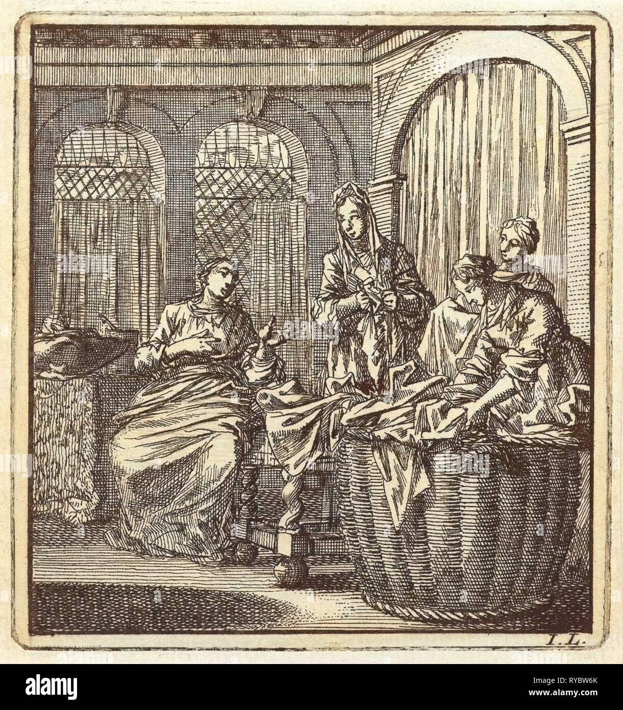 Quatre femmes à côté d'un panier à linge, Jan Luyken, mer. Arentsz & Pieter Cornelis van der Sys (II), 1711 Banque D'Images