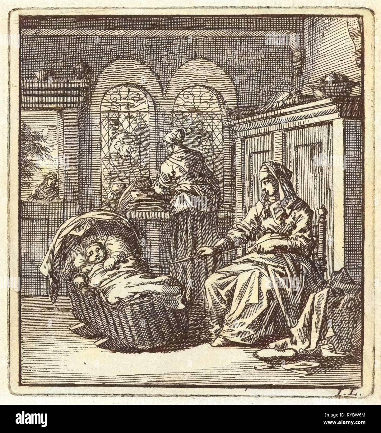Femme à côté d'un berceau avec un bébé, Jan Luyken, mer. Pieter Arentsz, Cornelis van der Sys II, 1711 Banque D'Images