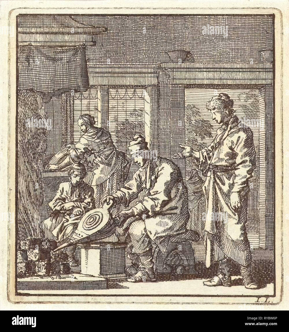 Homme stokes le feu avec un soufflet, Jan Luyken, mer. Arentsz & Pieter Cornelis van der Sys (II), 1711 Banque D'Images