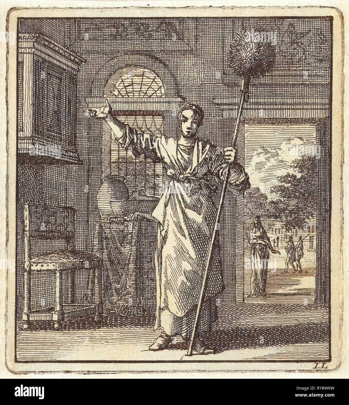 Femme tenant un pinceau sur un bâton, Jan Luyken, mer. Arentsz & Pieter Cornelis van der Sys (II), 1711 Banque D'Images