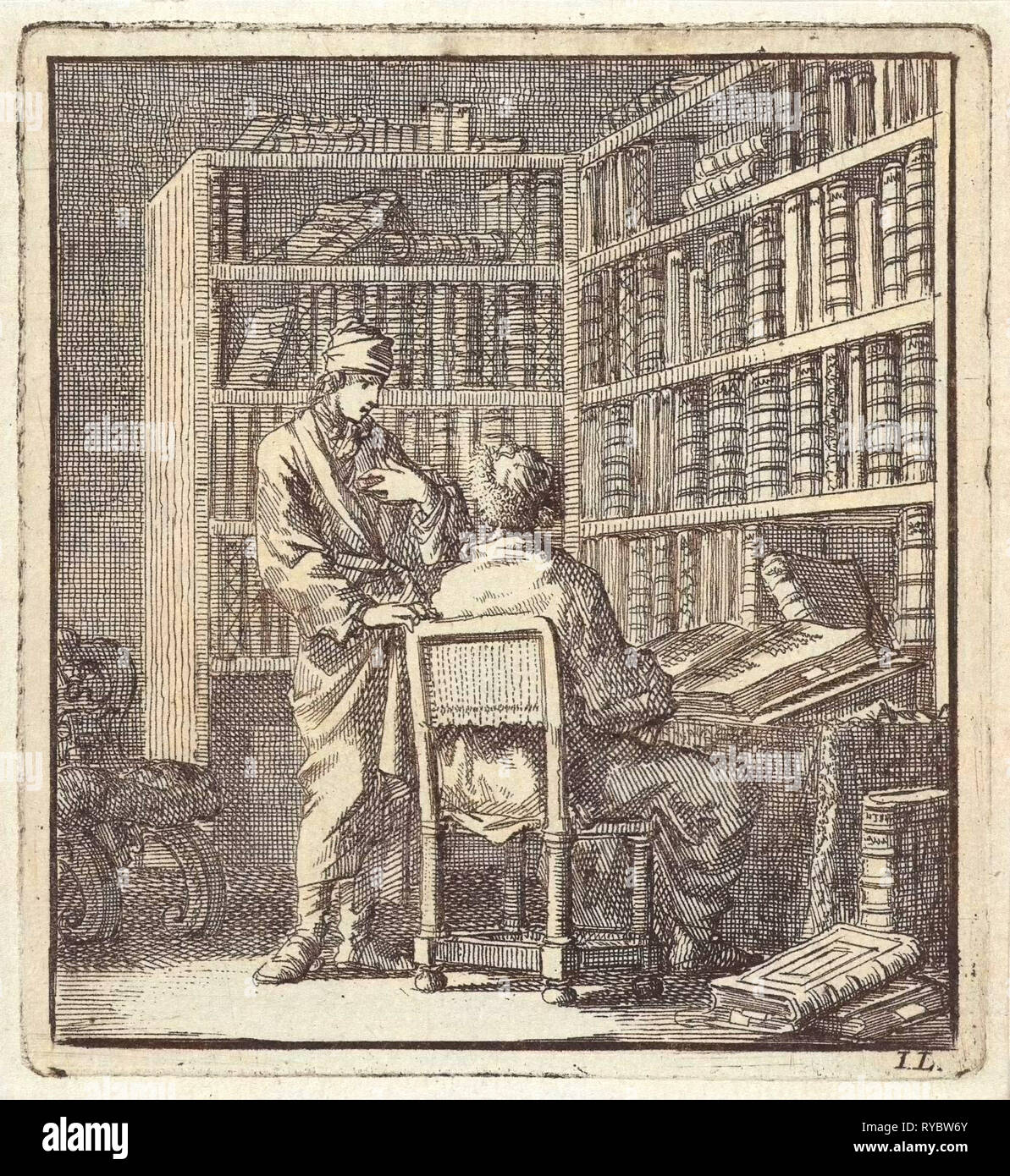Deux hommes dans une bibliothèque, impression bouilloire : Jan Luyken, mer. Arentsz & Pieter Cornelis van der Sys II, 1711 Banque D'Images