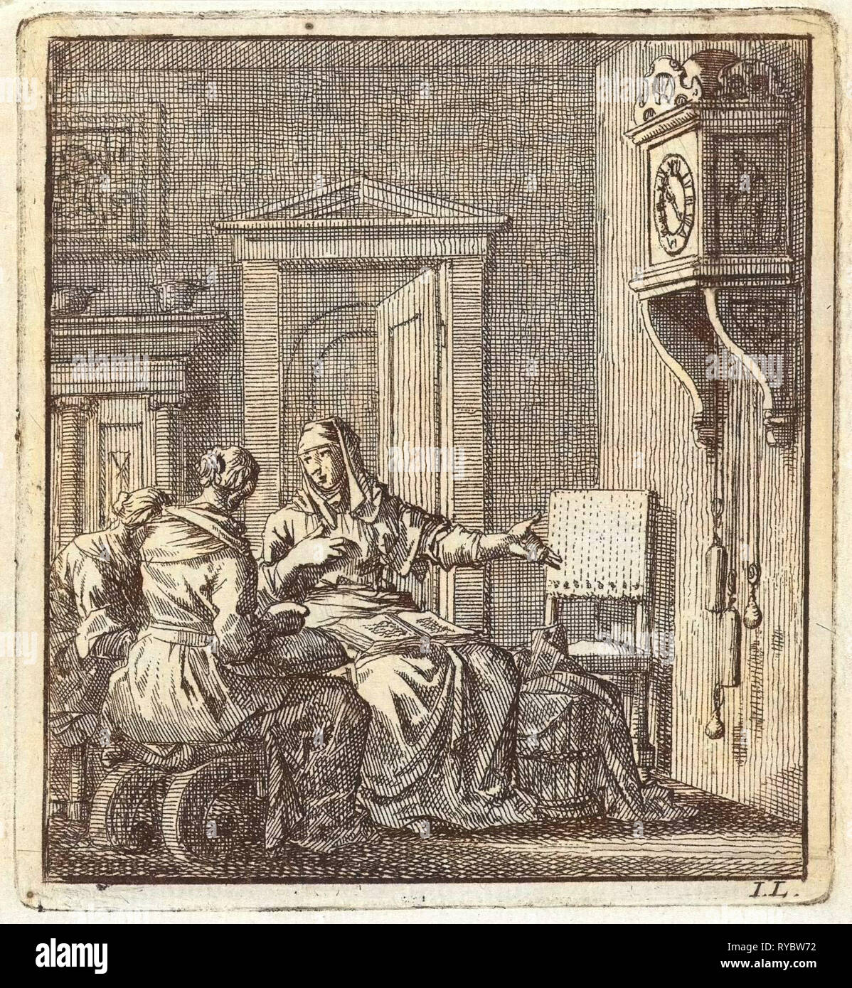 Trois femmes à une horloge murale, Jan Luyken, mer. Arentsz & Pieter Cornelis van der Sys (II), 1711 Banque D'Images