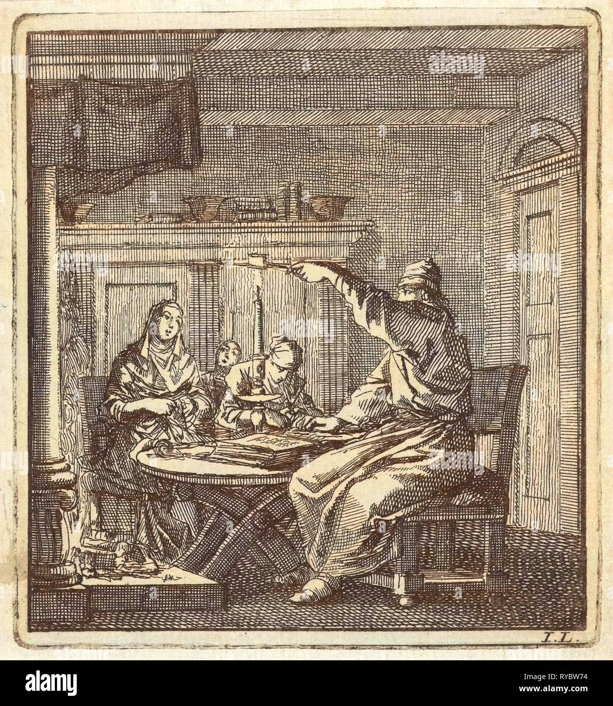 L'homme s'éteint une bougie avec une bougie éteignoir, imprimer bouilloire : Jan Luyken, mer. Arentsz & Pieter Cornelis van der Sys II, 1711 Banque D'Images