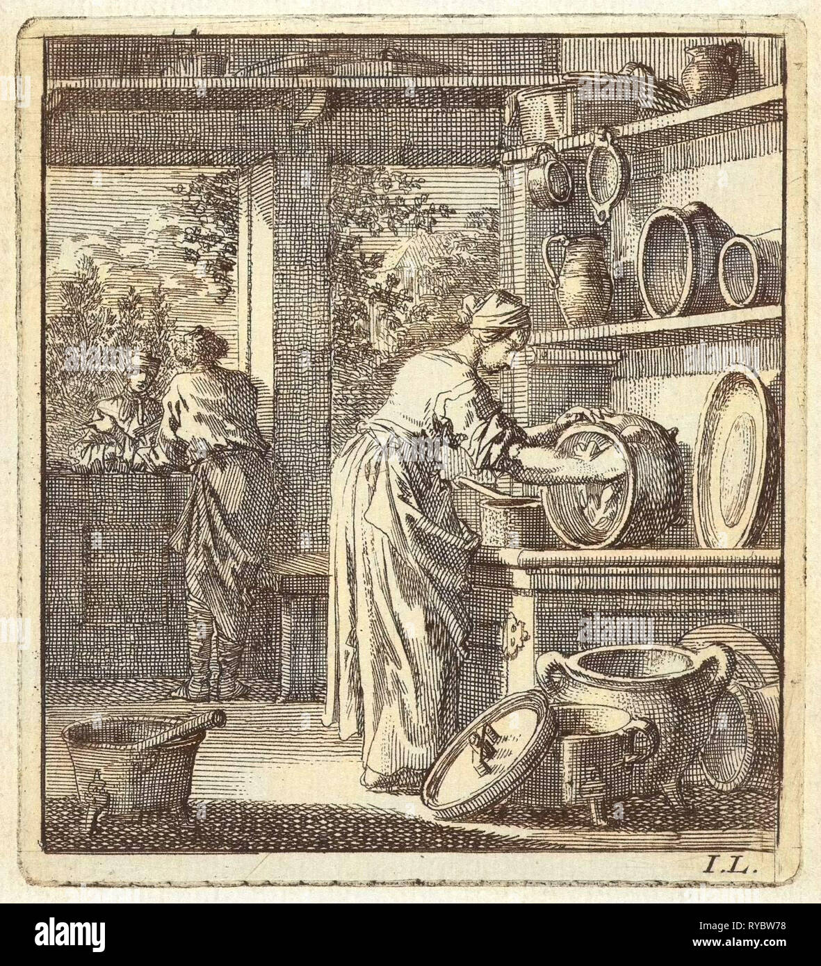 Femme nettoie un pot, Jan Luyken, mer. Arentsz & Pieter Cornelis van der Sys (II), 1711 Banque D'Images