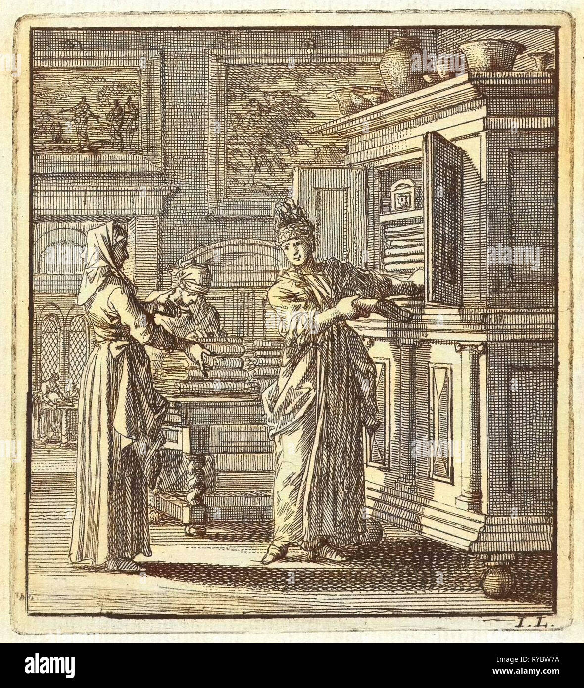 Femme prend les choses d'un placard, Jan Luyken, mer. Arentsz Pieter Cornelis, van der Sys II, 1711 Banque D'Images