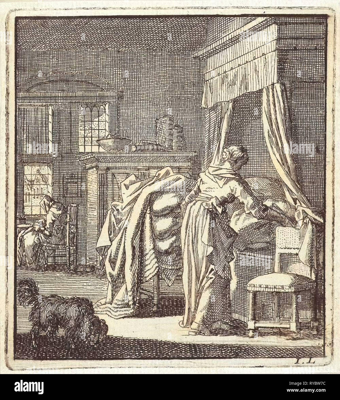Femme collecte un drap de lit, Jan Luyken, mer. Arentsz & Pieter Cornelis van der Sys (II), 1711 Banque D'Images