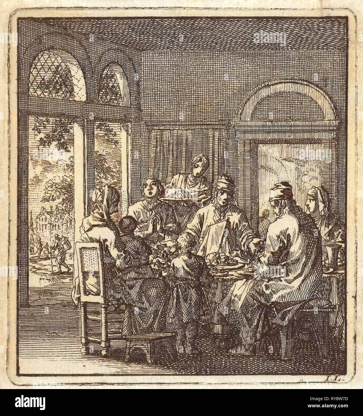 Une famille à une table, imprimer bouilloire : Jan Luyken, mer. Arentsz & Pieter Cornelis van der Sys II, 1711 Banque D'Images