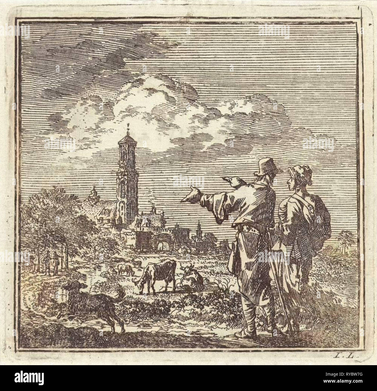 Deux hommes regardant un clocher d'église, Jan Luyken, mer. Arentsz & Pieter Cornelis van der Sys (II), 1711 Banque D'Images