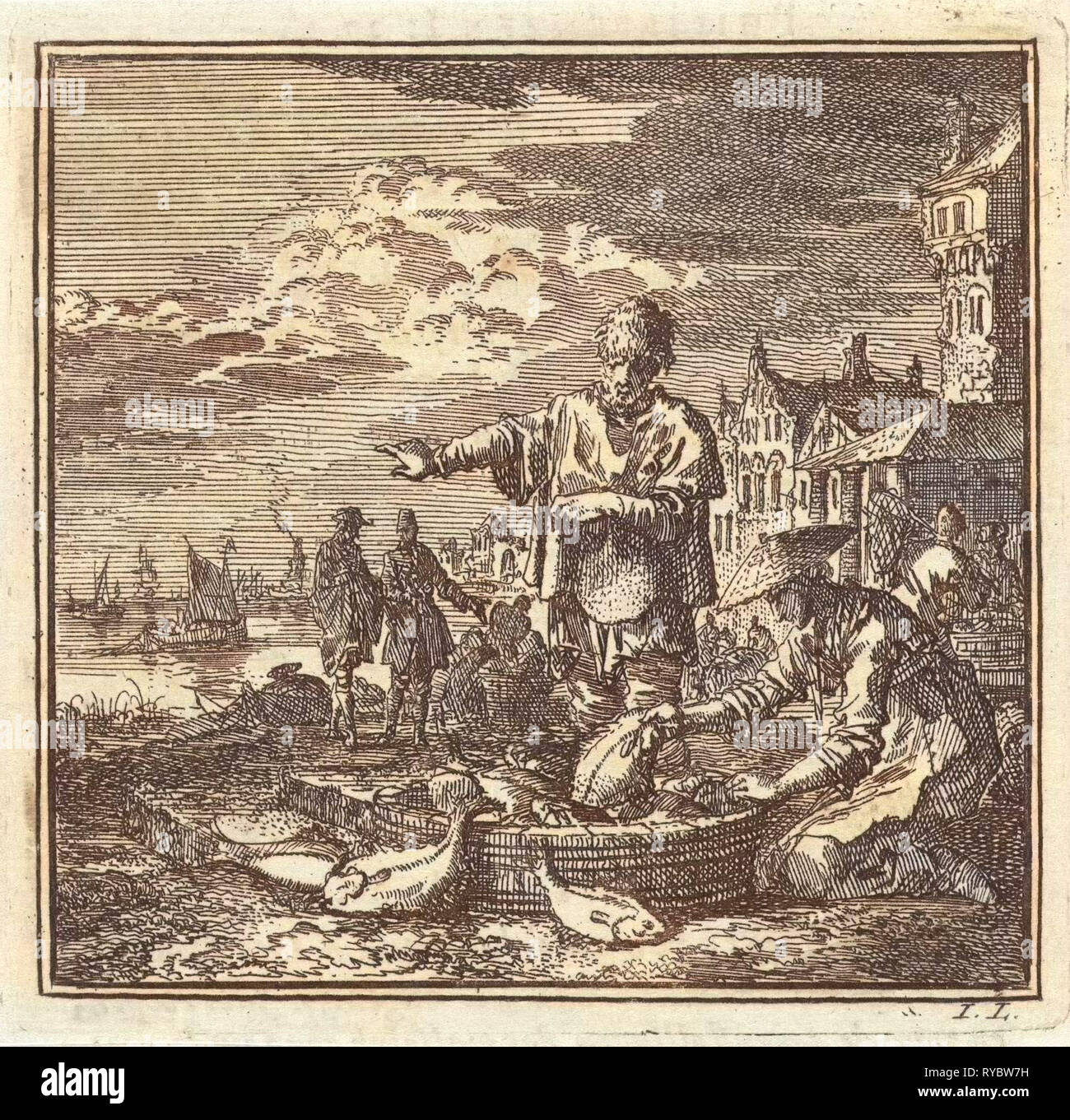 Fisher et son épouse et une baignoire remplie de poissons, Jan Luyken, mer. Arentsz Pieter Cornelis van der Sys II, 1711 Banque D'Images