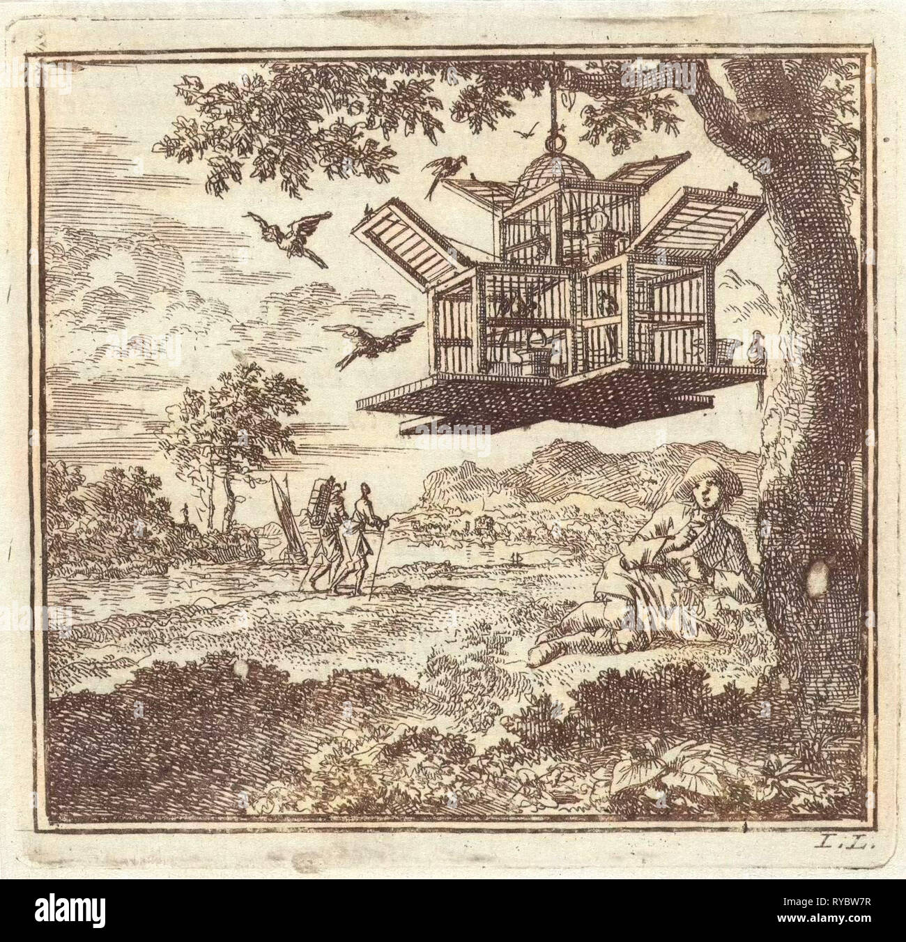 Sur un arbre se trouve une volière, Jan Luyken, mer. Arentsz & Pieter Cornelis van der Sys (II), 1711 Banque D'Images