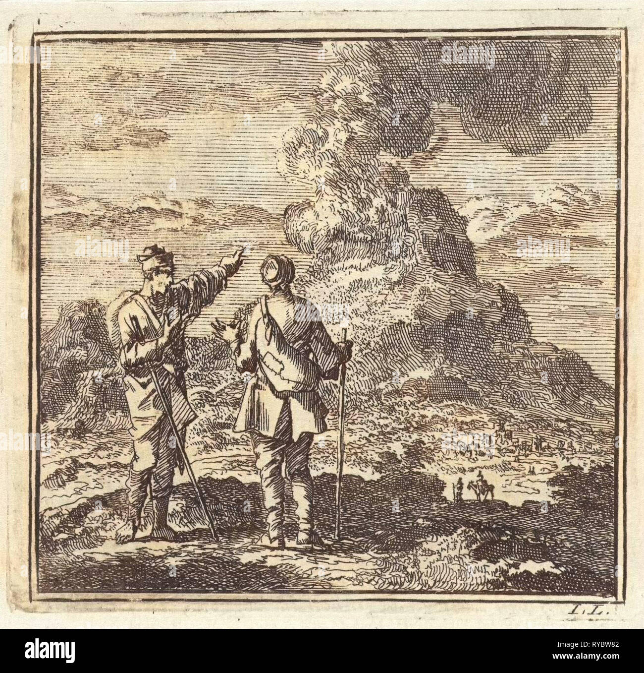 Deux randonneurs à fumer à l'Etna, Italie, Jan Luyken, mer. Arentsz & Pieter Cornelis van der Sys (II), 1711 Banque D'Images