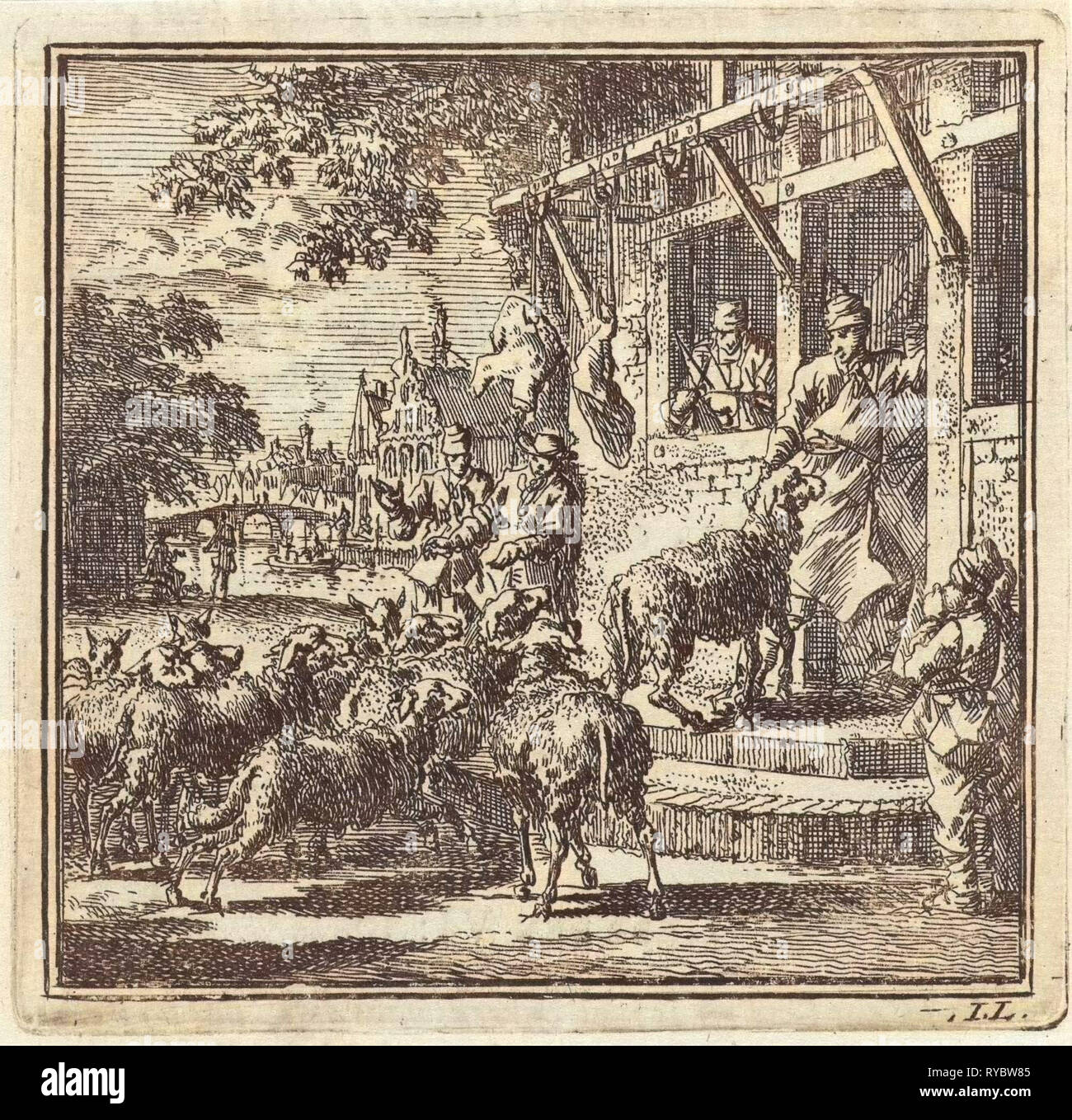 Les moutons sont conduit à l'intérieur d'une boucherie, Jan Luyken, mer. Arentsz & Pieter Cornelis van der Sys (II), 1711 Banque D'Images
