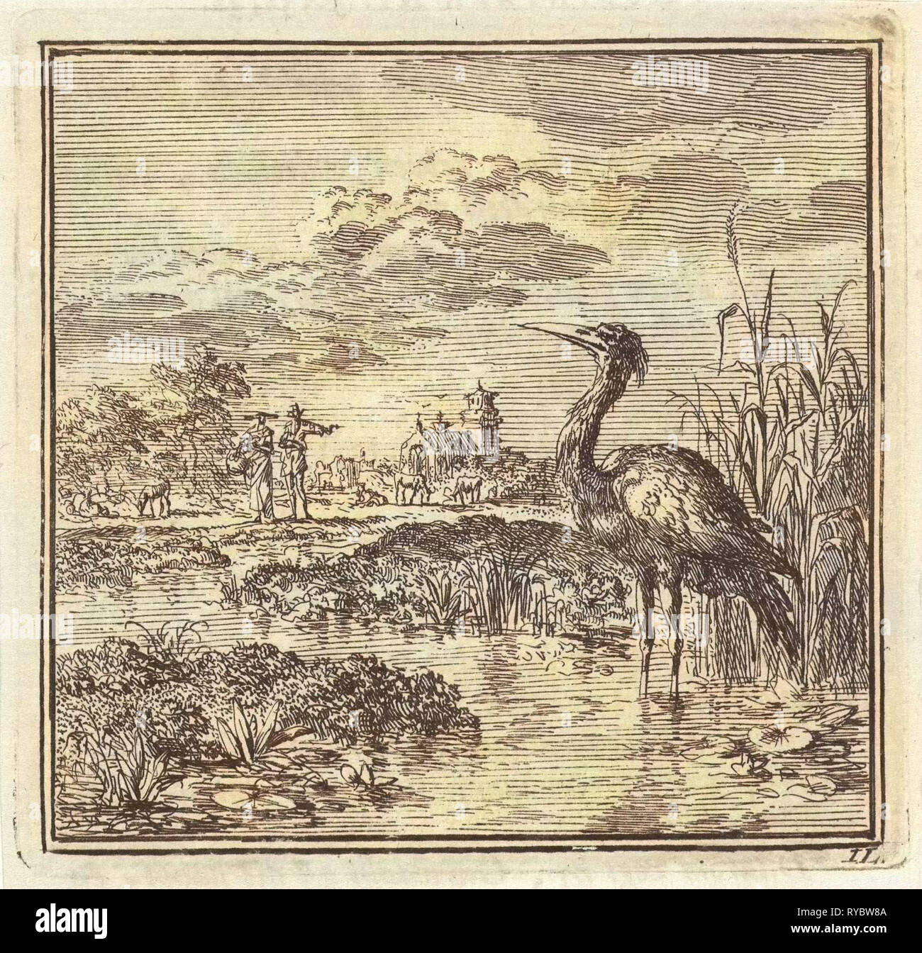 Heron dans un étang, Jan Luyken, mer. Arentsz & Pieter Cornelis van der Sys (II), 1711 Banque D'Images